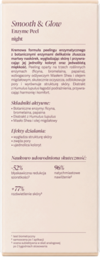 Tył beżowego opakowania Smooth & Glow Enzyme Peel night z polskim opisem działania, składników i wyników badań.