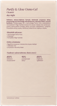 Tył opakowania Purify & Glow Osmo-Gel Cleanser. Beżowe pudełko z fioletowym tekstem i polskim opisem składników.
