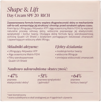 Tył opakowania kremu Shape & Lift Day SPF 20 Rich. Widoczne informacje o działaniu, składnikach i efektach.