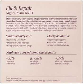 Tył opakowania kremu na noc Fill & Repair RICH, beżowy, z tekstem o regeneracji, wypełnianiu zmarszczek i modelowaniu.