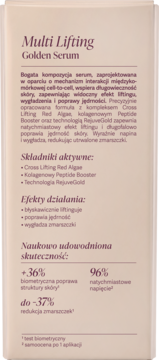Tył opakowania serum Multi Lifting Golden Serum z opisem działania liftingującego i składników aktywnych.