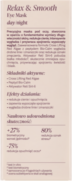 Opakowanie maski pod oczy Relax & Smooth day/night. Widok z przodu, opis redukcji cieni, zmarszczek i opuchnięć.