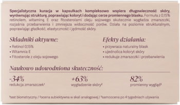 Fragment opakowania kuracji w kapsułkach z retinolem. Opis składników, efektów i statystyk skuteczności.