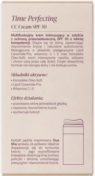 Tył opakowania kremu CC Time Perfecting SPF 30. Opis produktu, składników aktywnych i aplikatora Gua Sha.