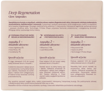 Tył opakowania Deep Regeneration Glow Ampoules, kuracji w ampułkach z opisem składu i użycia po polsku.