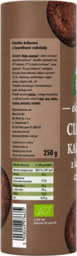 Tył opakowania ekologicznych ciastek kakaowych z czekoladą. Widoczne składniki, wartości odżywcze i certyfikat BIO.