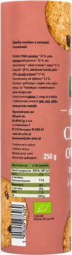 Tył opakowania wegańskich ekologicznych ciastek kakaowych z czekoladą. Widoczna tabela wartości odżywczych i kod kreskowy.