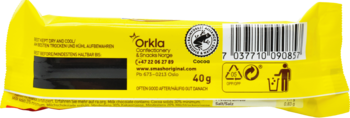 Tył żółtego opakowania produktu Orkla, z kodem kreskowym, certyfikatem RSPO, wagą 40g i symbolami recyklingu.
