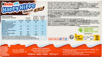 Tył opakowania Kinder Happy Hippo Cacao, 5 sztuk, z tabelą odżywczą, składem produktu i datą ważności.