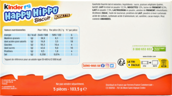 Tył opakowania Kinder Happy Hippo, widoczna tabela wartości odżywczych, skład i symbole recyklingu.