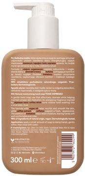 Tył brązowego mydła do rąk TONIC ESPRESSO 300ml z białą pompką, etykieta ze składnikami argan i kofeina.