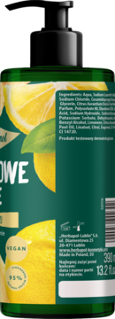 Tył butelki mydła w płynie Herbapol z pompką, zielone opakowanie z cytrynami, składem, vegan, 390 ml.