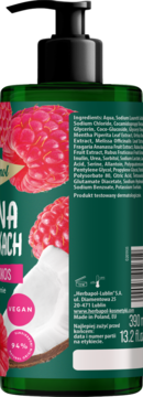 Tył zielonego mydła w płynie Herbapol Malina w tropikach z czarną pompką i listą składników. Maliny i kokos.