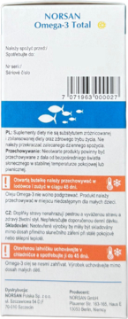 Bok opakowania NORSAN Omega-3 Total z polskimi i czeskimi instrukcjami oraz ostrzeżeniami o przechowywaniu.