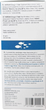 Tył opakowania NORSAN Omega-3 Total: niebiesko-białe pudełko, opis suplementu diety PL/CZ, skład, kod EAN.