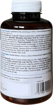Tył brązowej butelki NORSAN Omega-3 Kapsułki z białą zakrętką, widoczna etykieta z polskim opisem składu i dawkowania.