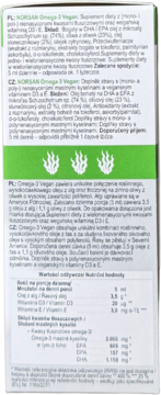 Tył opakowania NORSAN Omega-3 Vegan, białe z zielonym paskiem, czytelne informacje o składzie i wartościach.