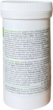 NORSAN Omega-3 Vegan kapsułki, biała butelka z żebrowanym wieczkiem. Widok z tyłu z polskim opisem składu.