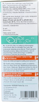 Tył opakowania NORSAN Omega-3 FISK: białe pudełko, zielony pas z rybami, instrukcje i kod kreskowy.