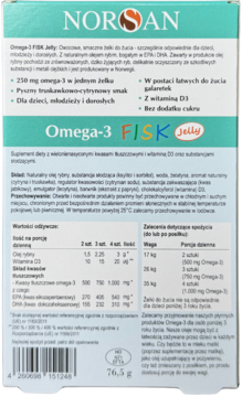 Tył opakowania NORSAN Omega-3 FISK Jelly, białe, z zielonym paskiem, szczegółami o omega-3, EPA, DHA i witaminie D.