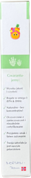 Front opakowania Norsan Omega-3 ALGA Jelly. Biały karton z zielonymi pasami, rysunkiem, opisem zalet oleju z alg.