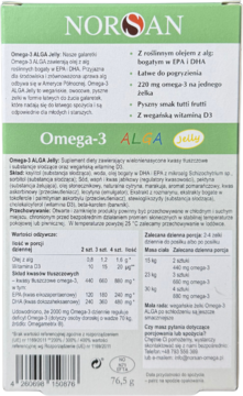 Tył opakowania NORSAN Omega-3 ALGA Jelly, widoczne szczegółowe informacje o składzie i wartościach odżywczych.