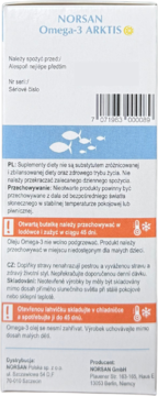 Tył opakowania NORSAN Omega-3 ARKTIS, biało-niebieskie, z polskimi instrukcjami i ostrzeżeniami o przechowywaniu.