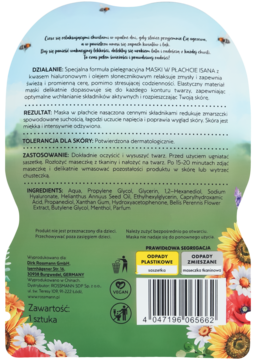 Tył zielonego opakowania maski w płachcie SANA z kwasem hialuronowym. Widoczne składniki, barcode i kwiatowy wzór.