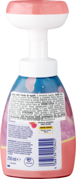 Tył butelki Isana Kids Pianka do kąpieli 250 ml, z różowo-niebieskim designem, składem i kodem.