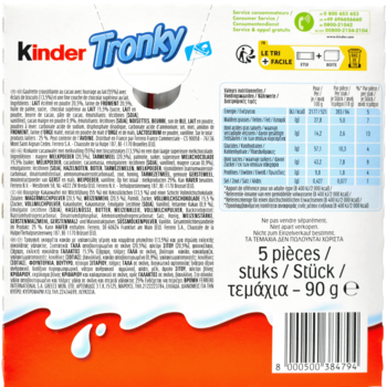 Tył opakowania wafli Kinder Tronky z tabelą wartości odżywczych, kodem kreskowym, informacją o 5 sztukach i 90g.