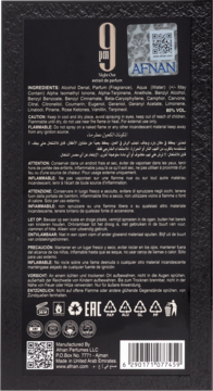 Tył czarnego, matowego opakowania perfum Afnan 9 PM Night Out. Widoczne składniki, ostrzeżenia i kod kreskowy.