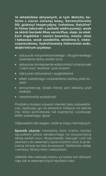 Lista 16 składników aktywnych i korzyści kremu pod oczy Polemika, na ciemnozielonym tle, biała czcionka.