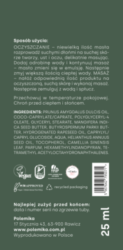 Tył ciemnozielonego opakowania Polemika hydrofilnego masła oczyszczającego, ze składem, instrukcją i logo Vegan.