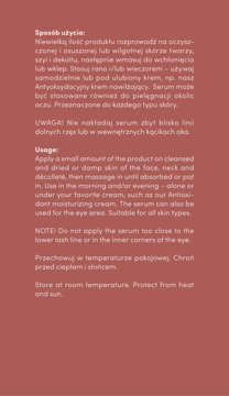 Strona z polskimi i angielskimi instrukcjami użycia serum do twarzy i przechowywania, na jednolitym brązowym tle.