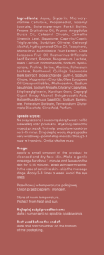 Tył opakowania maski-peelingu z listą składników, instrukcją użycia i datą ważności. Tekst na rudo-brązowym tle.