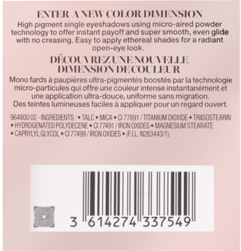 Tył opakowania pojedynczego cienia do powiek z opisem "High pigment single eyeshadows", listą składników i kodem kreskowym.