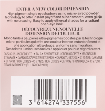 Tył opakowania pojedynczego cienia do powiek z tekstem, składnikami i kodem kreskowym na jasnoróżowym tle.