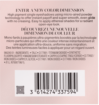 Tył jasnoróżowego opakowania cienia do powiek, z opisem 'High pigment' i 'New Color Dimension', składnikami, kodem.