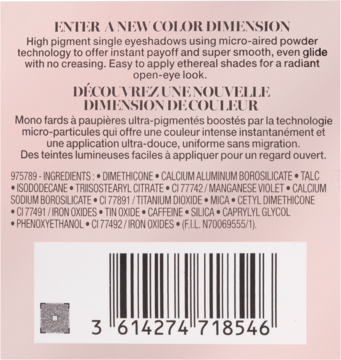 Tył opakowania wysokopigmentowego cienia do powiek. Widoczne składniki, kod kreskowy i opis produktu.