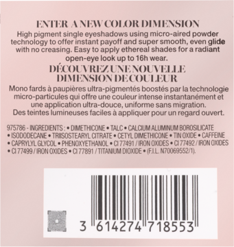 Tył opakowania pojedynczego cienia do powiek z opisem produktu, pełną listą składników i kodem kreskowym na różowym tle.