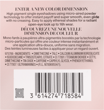 Tył opakowania pojedynczego cienia do powiek z opisem produktu, listą składników i kodem kreskowym.