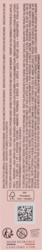 Różowy tył opakowania produktu Lancôme z drobnymi instrukcjami, symbolami recyklingu, kodem QR i napisem 'Made in France'.