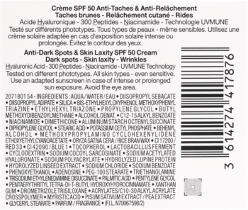 Tył opakowania kremu SPF 50 Anti-Dark Spots & Skin Laxity z listą składników i kodem kreskowym, białe tło.