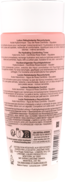 Tył różowej tubki Lancôme Lotion Rehydratante, widoczne składy, teksty w wielu językach, symbol recyklingu.