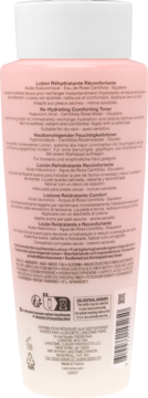 Różowy tonik Lancôme Re-Hydrating Comforting Toner, widok z tyłu opakowania z tekstem i składnikami.