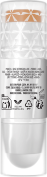 Tył opakowania podkładu w sticku Rimmel Multi Tasker Blur Booster, odcień Light Honey, z etykietą i symbolami.