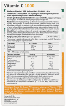 Tył opakowania suplementu diety Vitamin C 1000, biało-pomarańczowe pudełko z tabelami wartości odżywczych.
