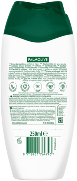 Tylna strona białej butelki żelu pod prysznic Palmolive 250ml z zieloną etykietą i kodem kreskowym.