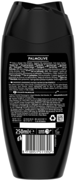 Tył czarnej butelki żelu pod prysznic Palmolive 250ml, widoczny kod kreskowy i informacje o produkcie.