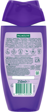 Tył fioletowego żelu pod prysznic Palmolive 250ml z etykietą, kodem kreskowym i szczegółowymi informacjami o składnikach.